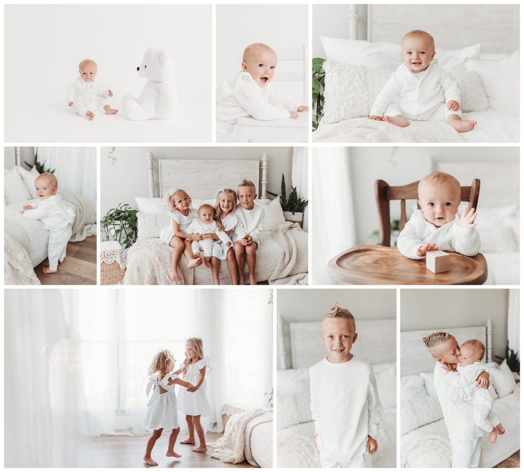 siblings in studio with pure white outfits