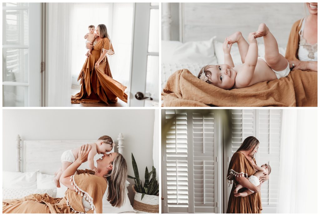 Four images from a motherhood photo session with mom in a beautiful reclamation dress holding her sweet infant