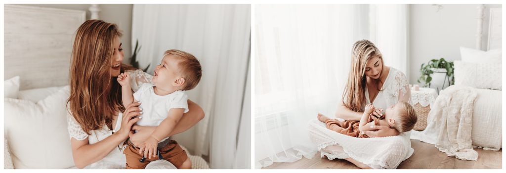 Mom cuddling her one year old boy during a motherhood photo session