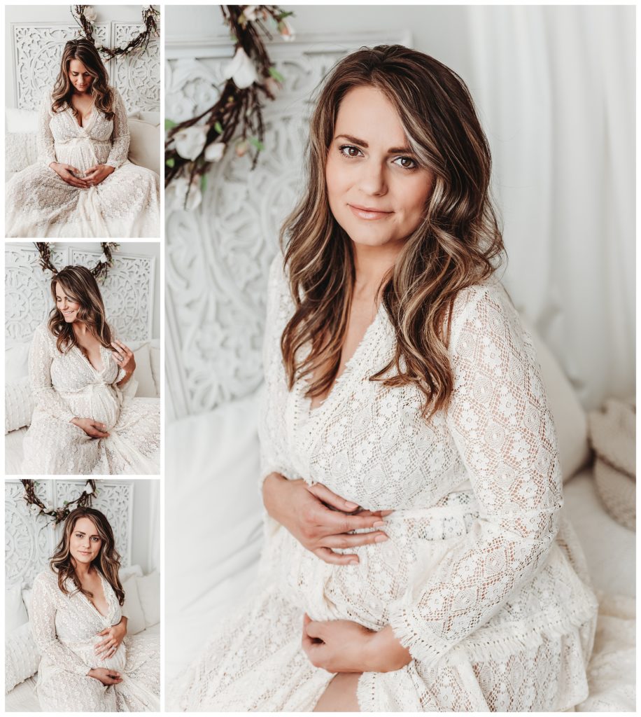 Pregnant mama in a lace dress during her maternity motherhood photo session