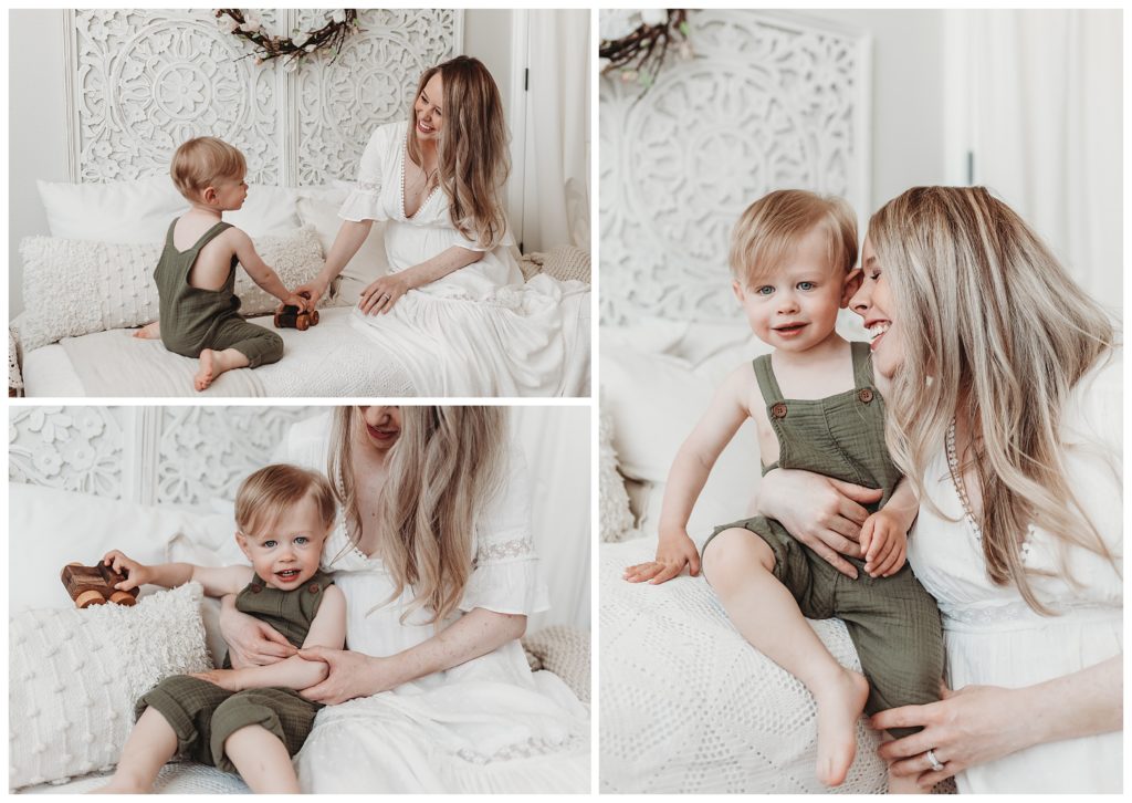 A mama loving on her beautiful blonde toddler boy at her motherhood photo session