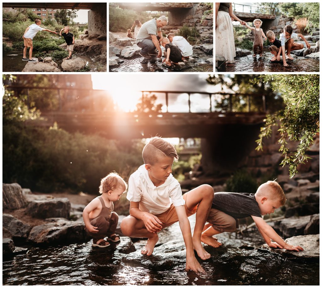 sunset in the creek with three boys