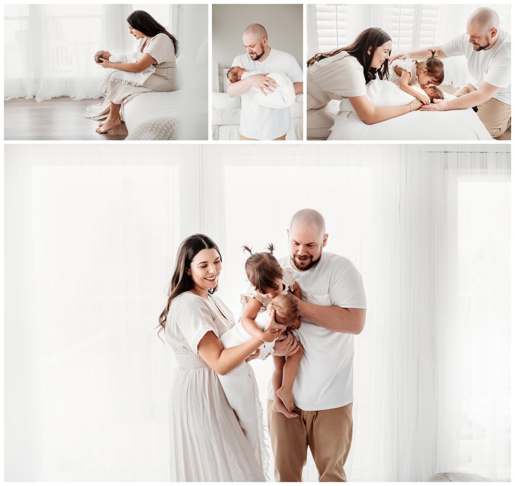 mom holding baby boy with family in castle rock newborn photo studio
