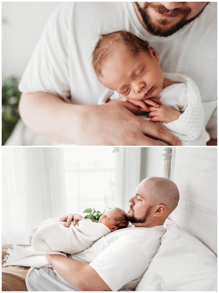 newborn baby boy with father in castle rock newborn photo studio