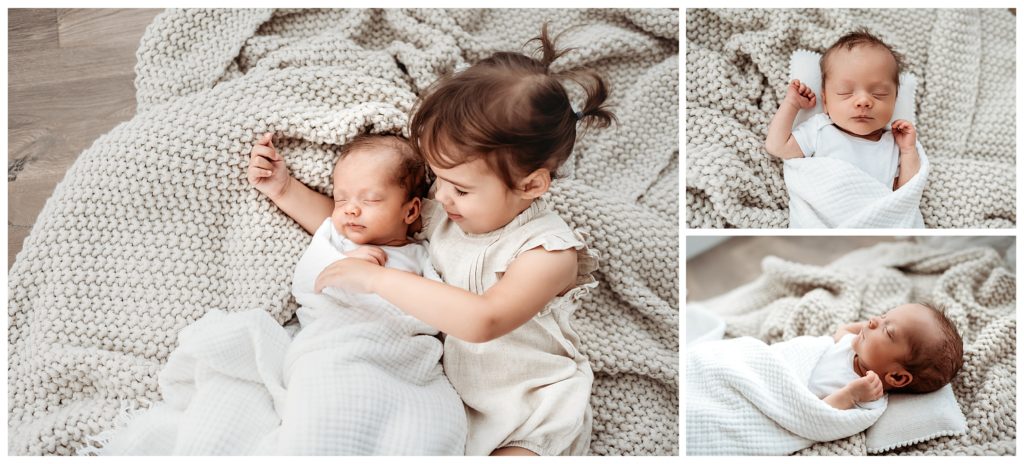 baby lying on knit blanket in newborn photo studio