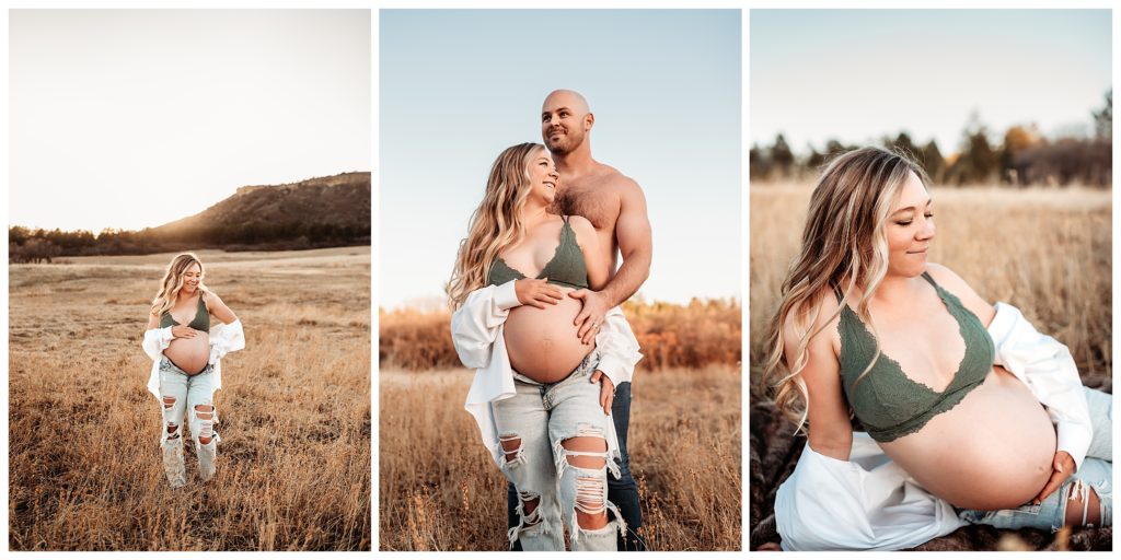 bare belly maternity photos jeans and bralette