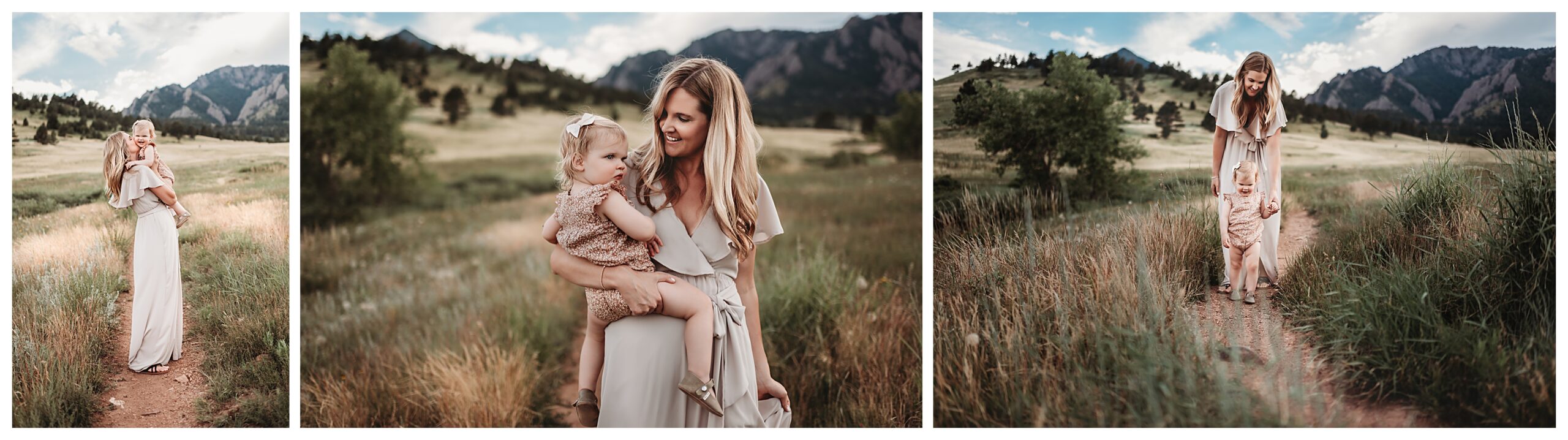 Mom and daughter dressed up and walking along the foothills in Boulder CO
