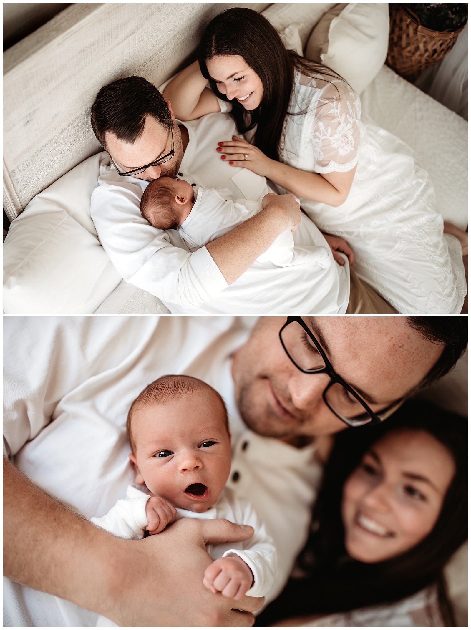 parents snuggling newborn baby on bed in photo studio
