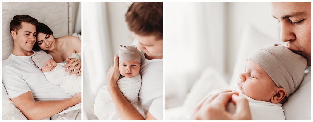 three images of dad holding baby boy against his chest