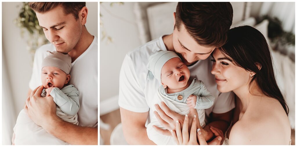 two images of baby boy on dad's chest in his blue pjs