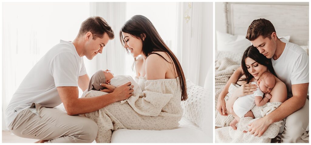 two images of family of three with one kid near colorado springs snuggling newborn
