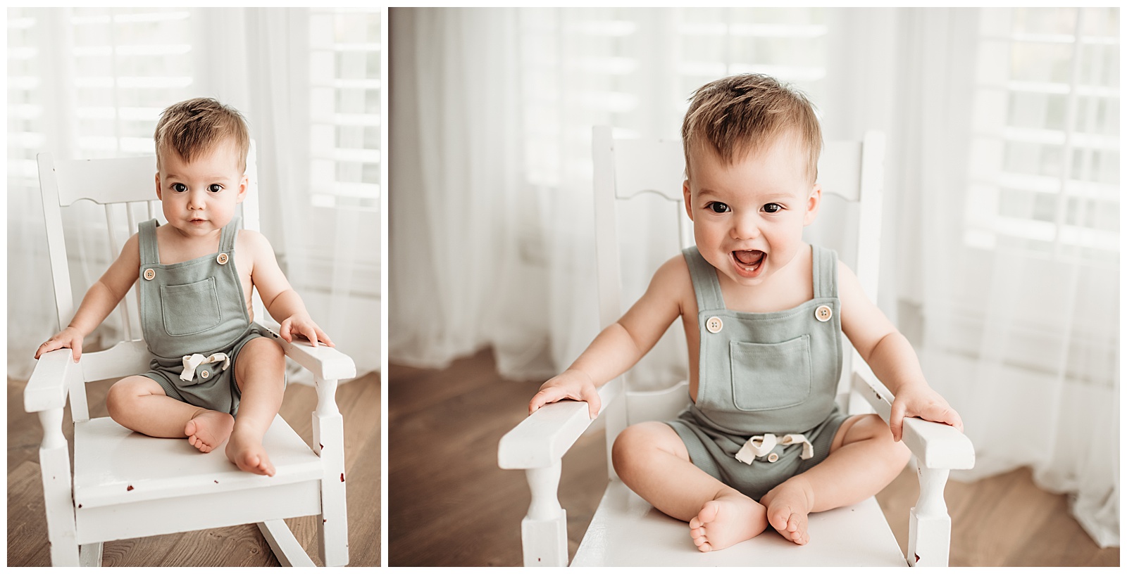 little boy sitting on white painted rocking chair making a fun and excited face